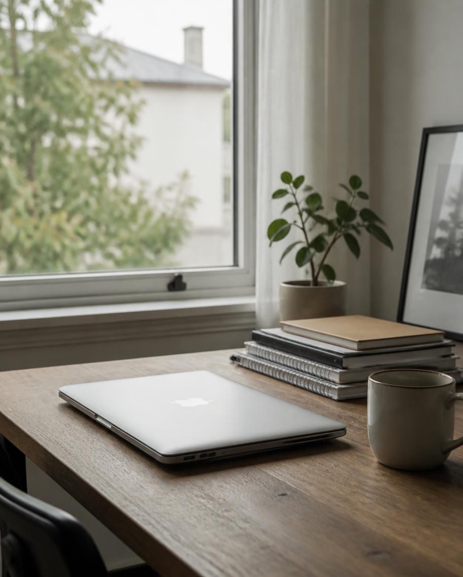 A quiet desk by a window with a closed laptop, notebooks and a mug