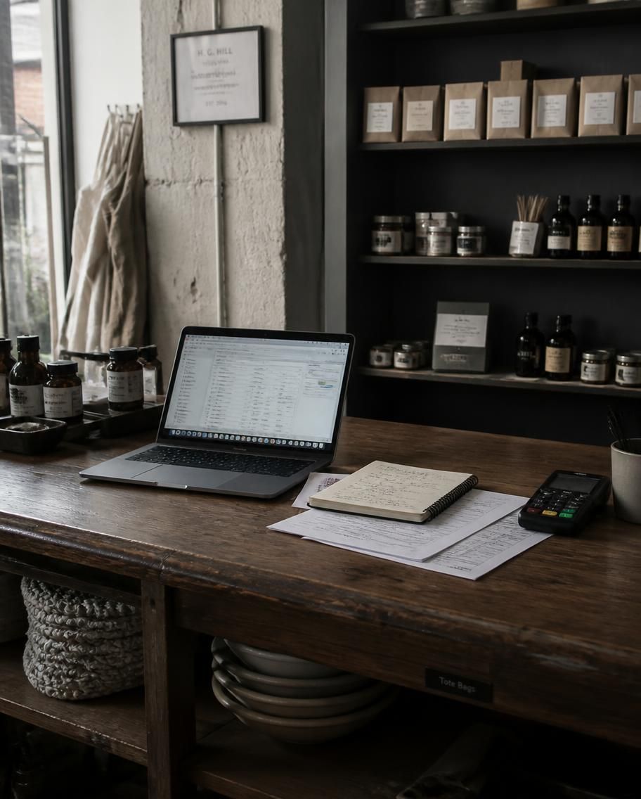 A laptop, notebook and card reader on the counter of a small independent shop