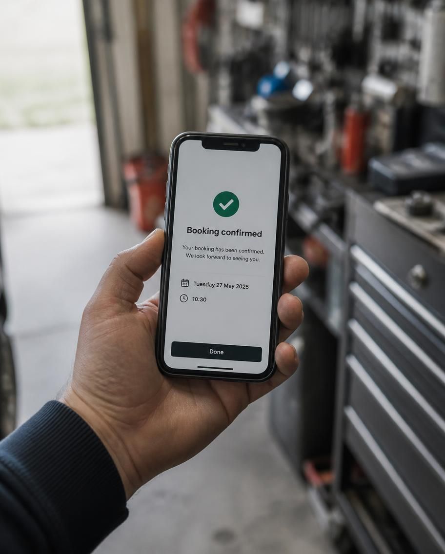 A hand holding a phone showing a booking confirmation, in a workshop