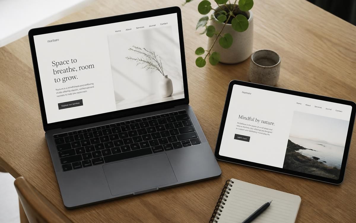 A laptop and tablet on a desk showing a clean, spacious website layout