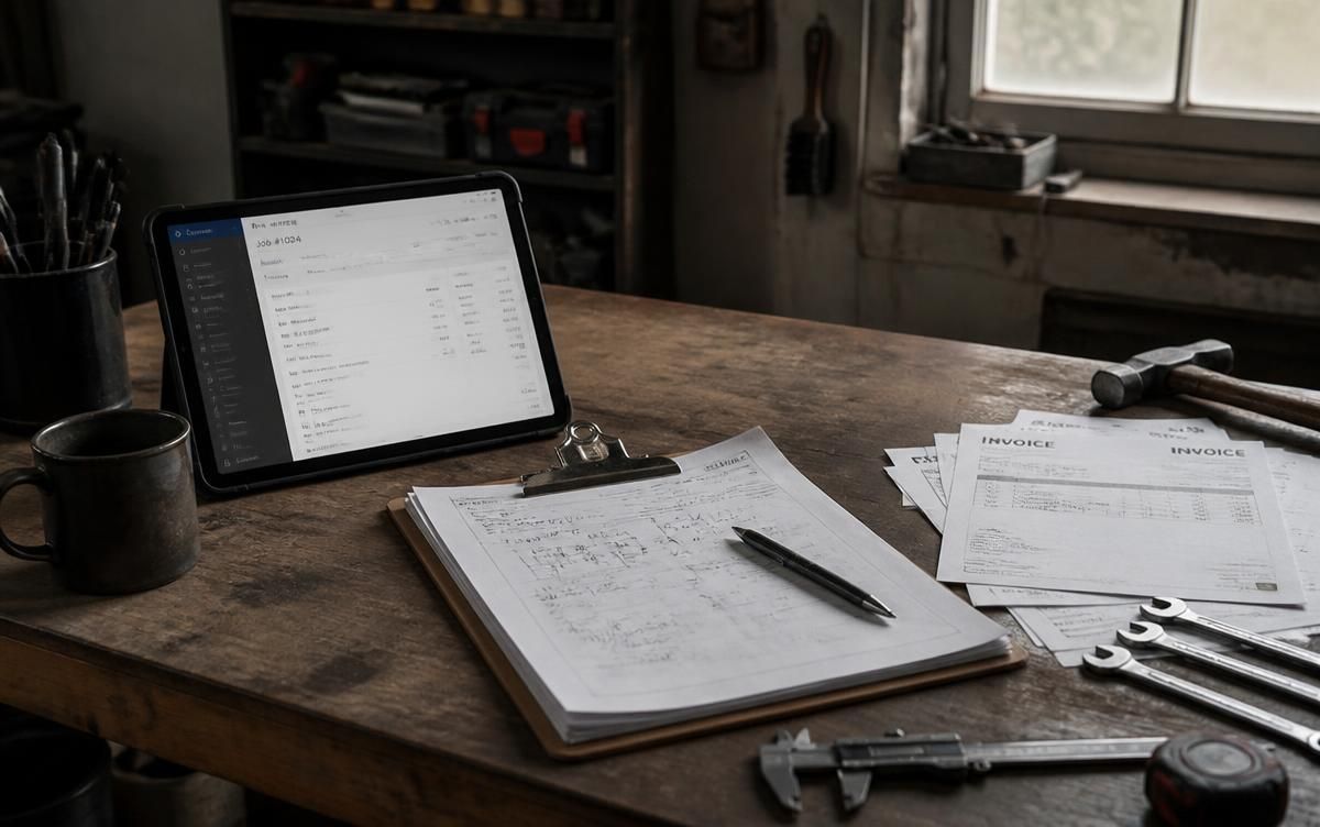 A tablet propped on a workbench beside a clipboard, invoices and hand tools